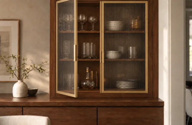Illustration: gold aluminum-frame reeded glass doors on a walnut display cabinet