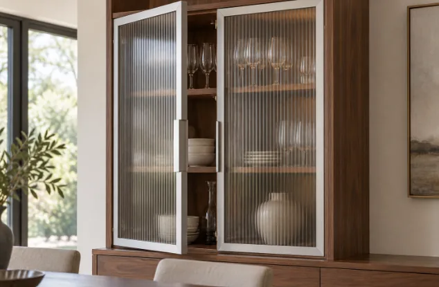Illustration: silver aluminum-frame reeded glass doors on a dining room hutch