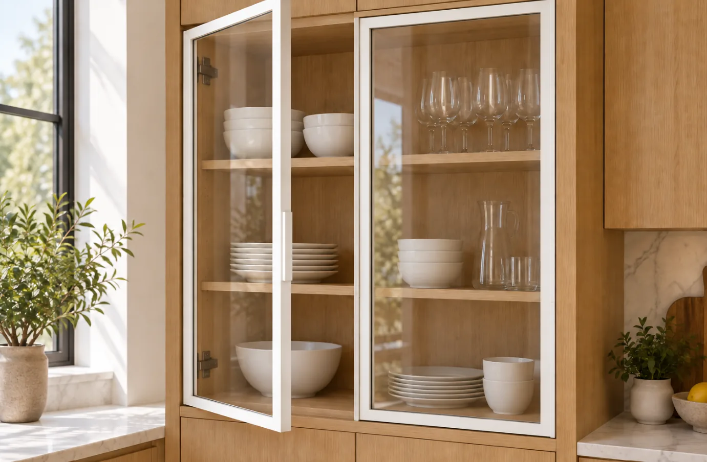 Illustration: white aluminum-frame glass cabinet doors on oak kitchen cabinets
