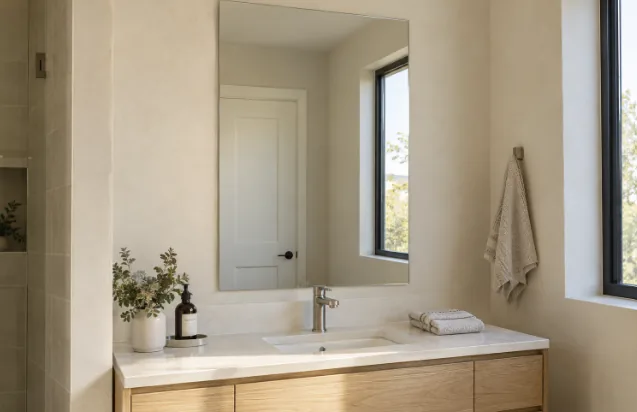 Illustration: frameless custom mirror above a bathroom vanity