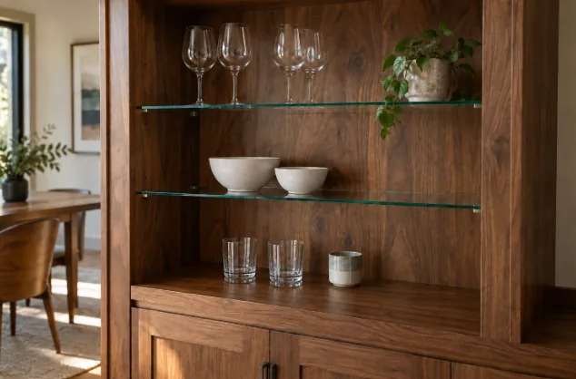 Illustration: clear glass shelves with polished edges in a walnut bookcase