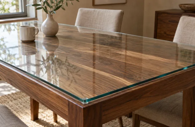 Illustration: clear glass table top protector on a walnut dining table